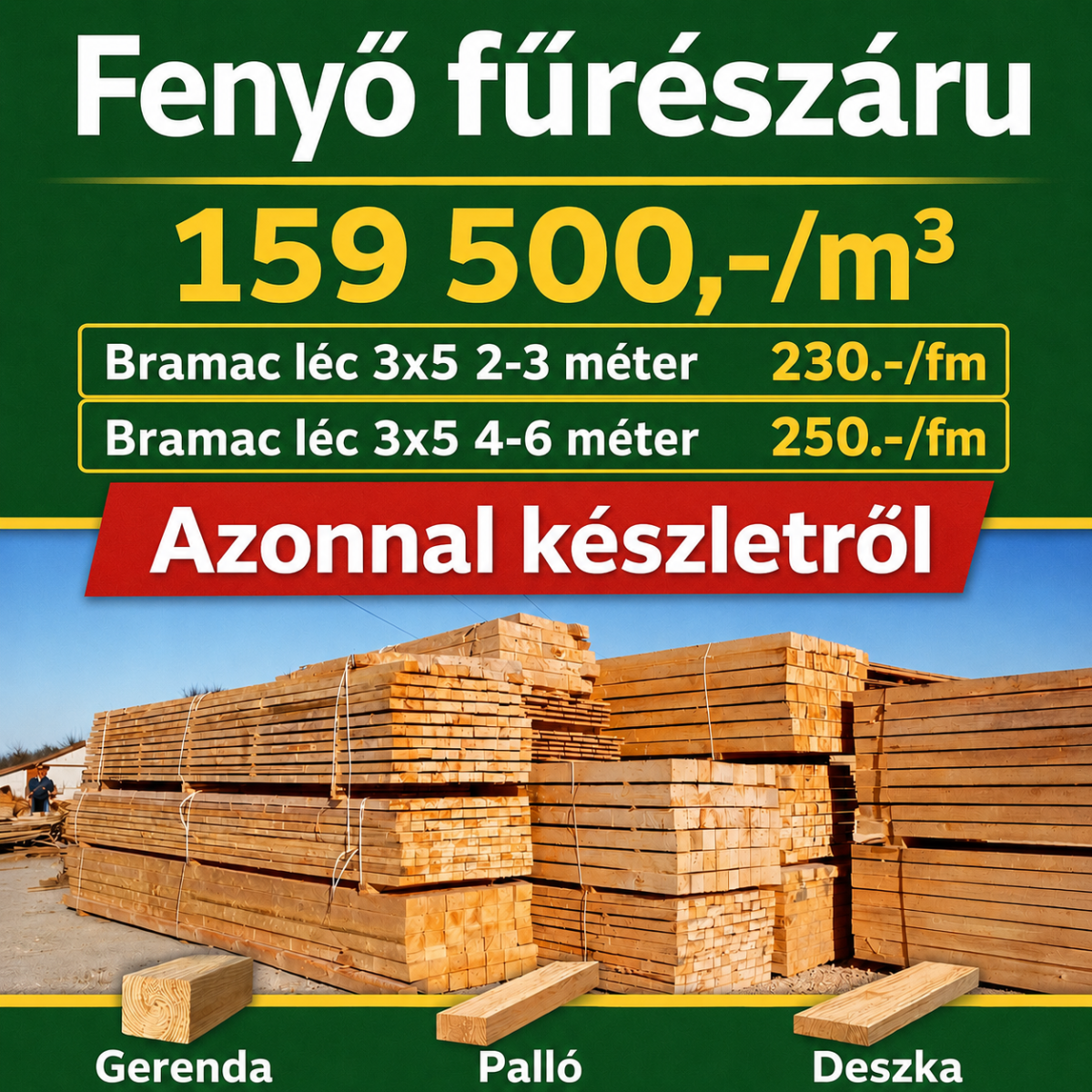 Nagy készlet, gyors kiszolgálás fenyő fűrészáruból